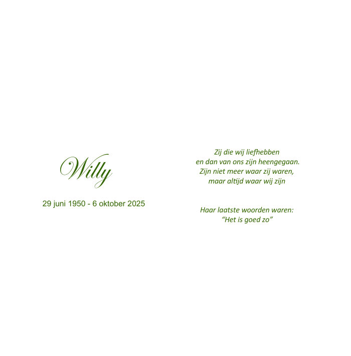 Willempje (Willy) van Oene - van 't Hul - 6 oktober 2025